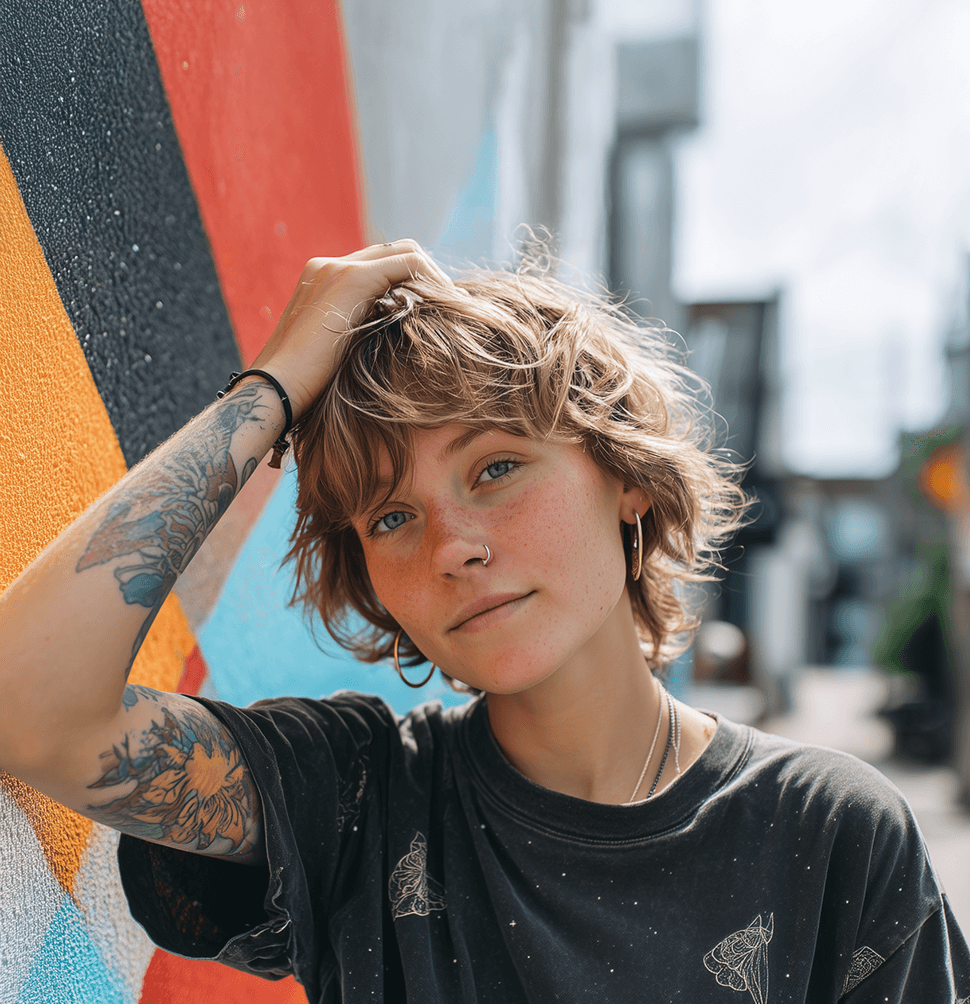 Junge Person mit Tattoos lehnt entspannt an einer bunten Wand – symbolisiert Offenheit und Vielfalt