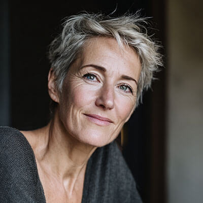 Ehrenamtliche Mitarbeiterin mit grauen Haaren lächelt ruhig in die Kamera. Sie steht für Vertrauen und Lebenserfahrung.