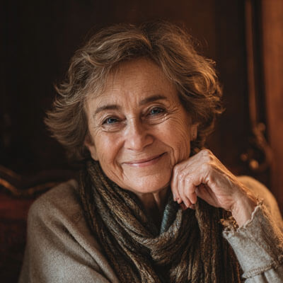 Eine ältere Ehrenamtliche mit freundlichem Blick schaut lächelnd den Betrachter an.